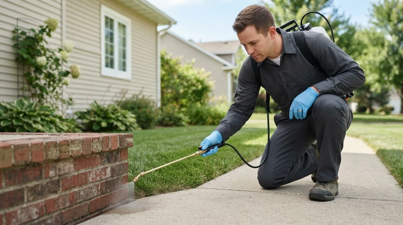 Pest control technician treating a home near New Richmond, WI