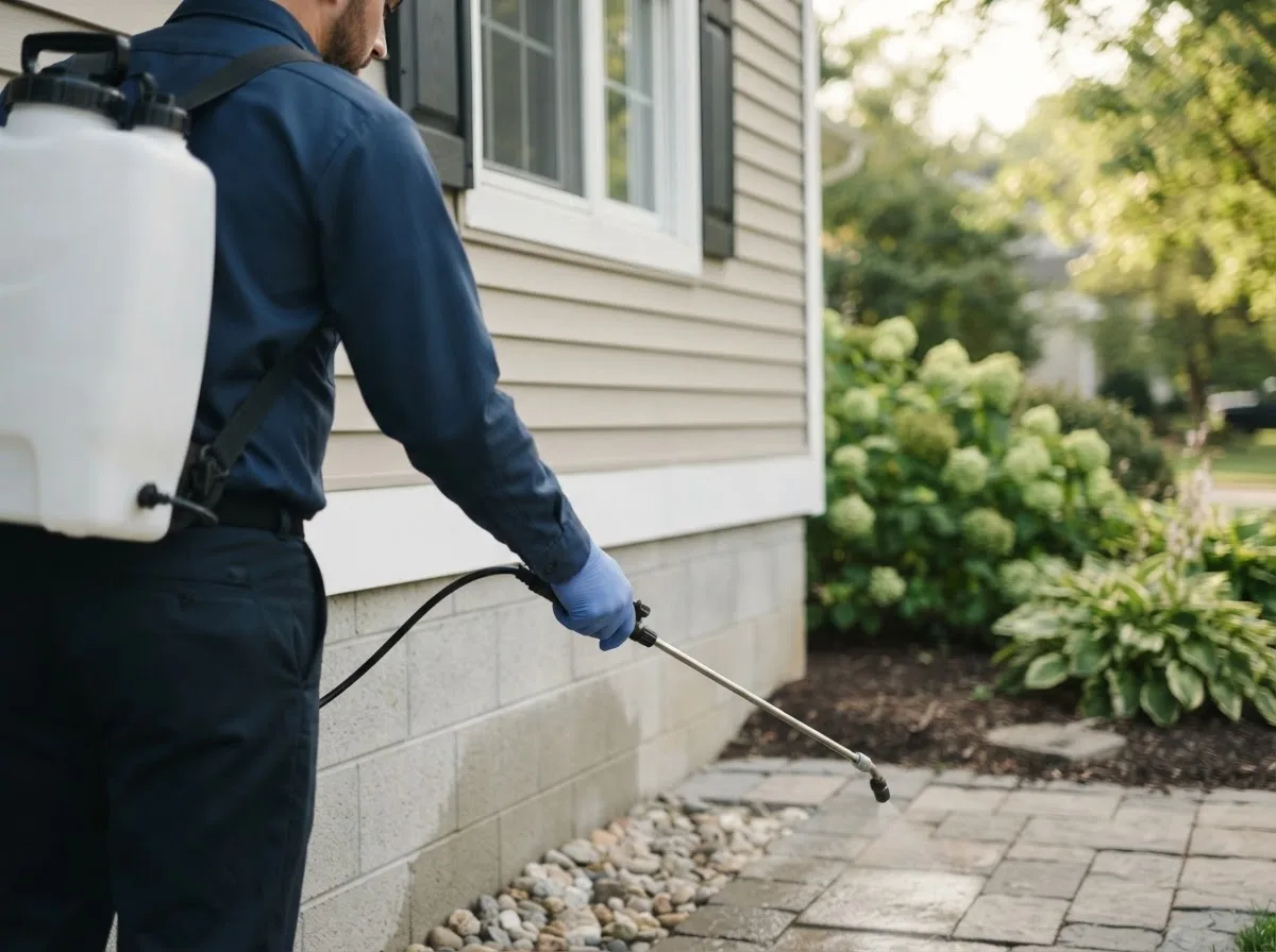 Pest control technician inspecting a home in New Richmond, WI